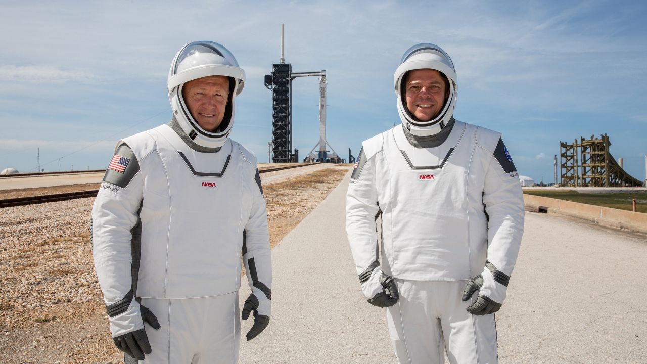 NASA astronauts Douglas Hurley (left) and Robert Behnken (right) participate in a dress rehearsal for launch at the agency's Kennedy Space Center in Florida on May 23, 2020, ahead of NASA's SpaceX Demo-2 mission to the International Space Station. Demo-2 will serve as an end-to-end flight test of SpaceX's crew transportation system, providing valuable data toward NASA certifying the system for regular, crewed missions to the orbiting laboratory under the agency's Commercial Crew Program. Liftoff is targeted for 4:33 p.m. EDT on Wednesday, May 27.