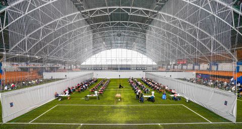 Students take their spring exams at the Vallhall Sports Arena in Oslo, Norway, on May 26, 2020.