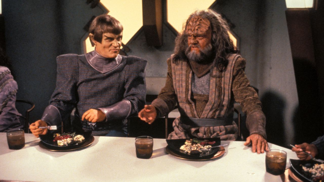 Alan Scarfe (as Tokath) and Richard Herd as L'Kor (left to right) in a scene from  'Star Trek: The Next Generation' (Photo by CBS Photo Archive/Getty Images)