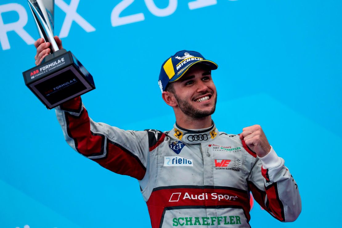 Abt celebrates his third place after  the ePrix in Paris, France in 2019.