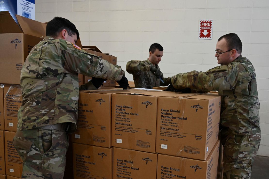 Members of the Connecticut Army National Guard distribute Personal Protective Equipment (PPE), April 2, 2020, New Britain, Connecticut. 
