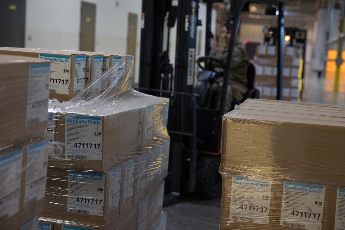 Surgical masks are delivered to an Oregon Department of Administrative Services warehouse to help in the response to the COVID-19 pandemic. The masks were provided by Health and Human Services in partnership with FEMA.