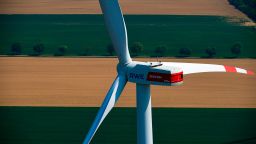 This aerial view shows a wind turbine of German energy giant RWE near Bedburg, western Germany, on May 8, 2020. (Photo by Ina FASSBENDER / AFP) (Photo by INA FASSBENDER/AFP via Getty Images)
