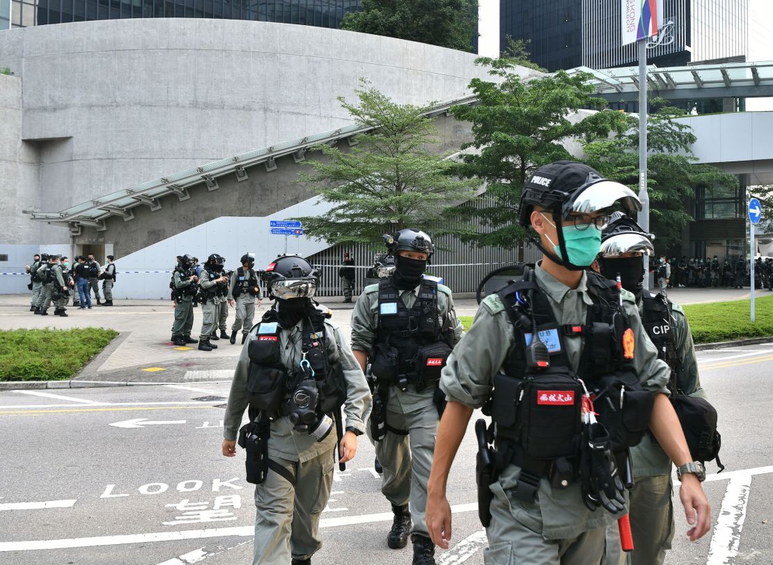 Riot police patrol outside the Legislative Council in Hong Kong on May 27, 2020, ahead of a debate over a law that bans insulting China's national anthem.