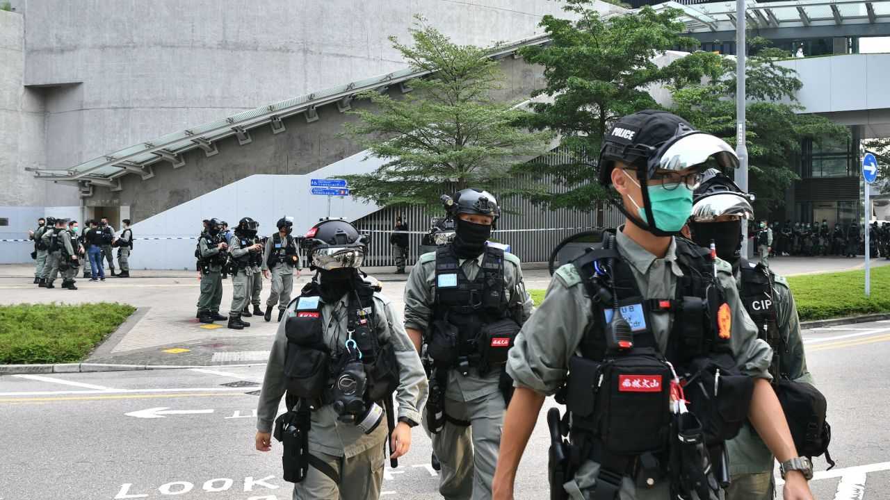 Riot police patrol outside the Legislative Council in Hong Kong on May 27, 2020, ahead of a debate over a law that bans insulting China's national anthem.