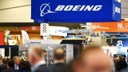 The Boeing logo is seen at its stand during the the 70th annual International Astronautical Congress at the Walter E. Washington Convention Center in Washington, DC on October 22, 2019. (Photo by MANDEL NGAN / AFP) (Photo by MANDEL NGAN/AFP via Getty Images)