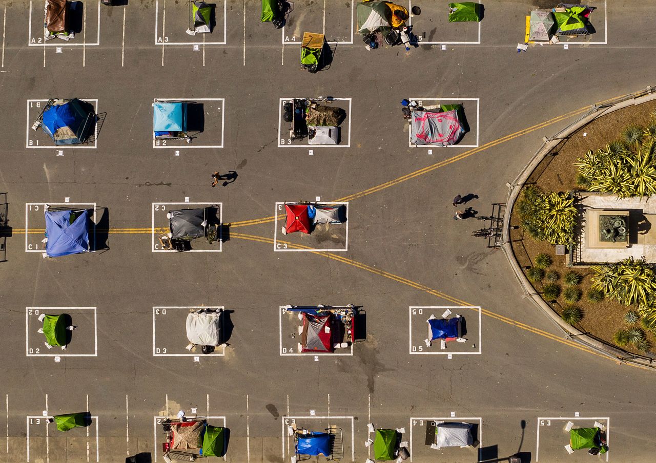 Tents and makeshift shelters are set up at a homeless encampment at San Francisco's Civic Center on May 21. The designated rectangles are to encourage physical distancing.