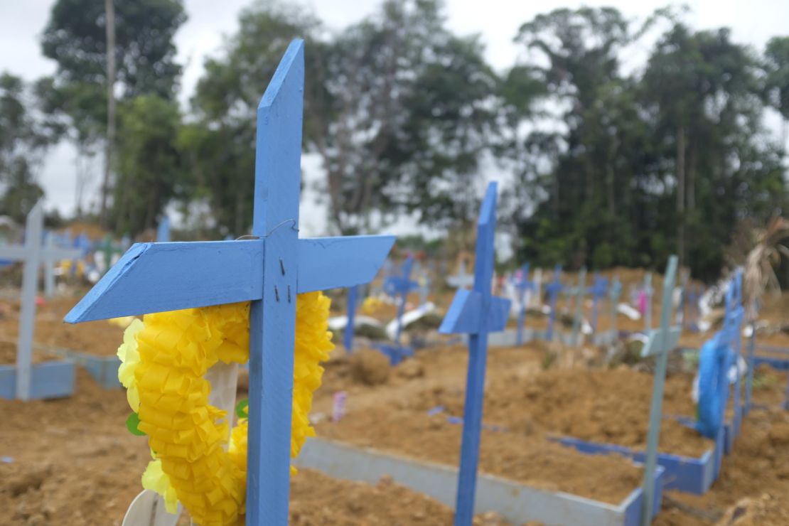 Workers have made hundreds of crosses to mark new graves at the Parque Taruma Cemetery.