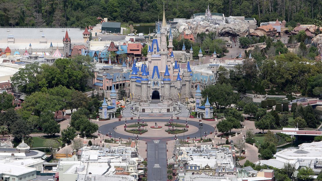 An aerial view of the Magic Kingdom on March 23 shows a silent Walt Disney World. Come July, the Disney parks are slated to come back to life.