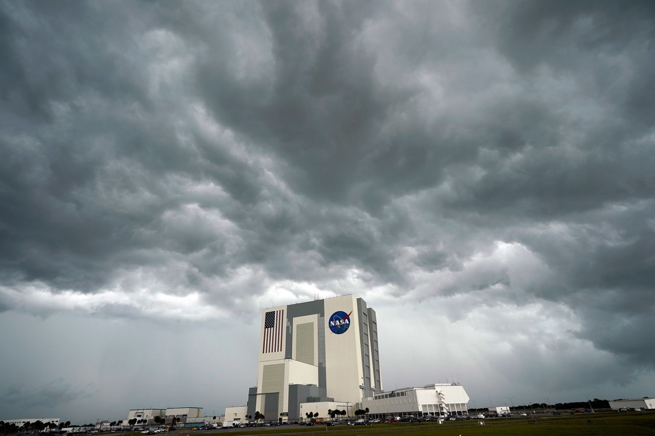 Storm clouds pass over NASA's Vehicle Assembly Building at Kennedy Space Center on May 27.