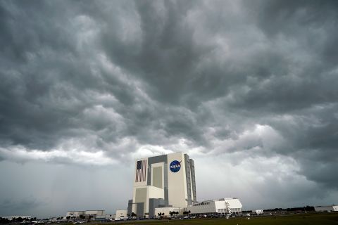 Storm clouds pass over NASA's Vehicle Assembly Building at Kennedy Space Center on May 27.