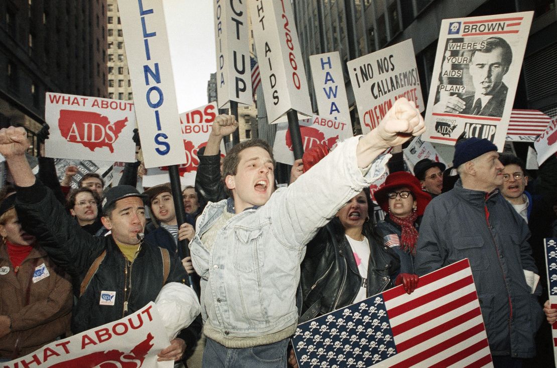 Members of the gay activist group ACT-UP march through Times Square in New York on April 6, 1992. The activists planned civil disobedience and disruption of traffic outside the presidential candidates headquarters, in an effort to make AIDS a campaign issue. 
