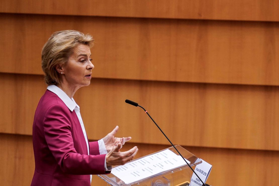 European Commission President Ursula von der Leyen speaks during a plenary session of the European Parliament in Brussels on May 27.