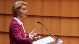 European Commission President Ursula von der Leyen speaks during a plenary session of the European Parliament in Brussels on May 27, 2020, amid the crisis linked with the Covid-19 pandemic caused by the novel coronavirus. (Photo by Kenzo TRIBOUILLARD / AFP) (Photo by KENZO TRIBOUILLARD/AFP via Getty Images)