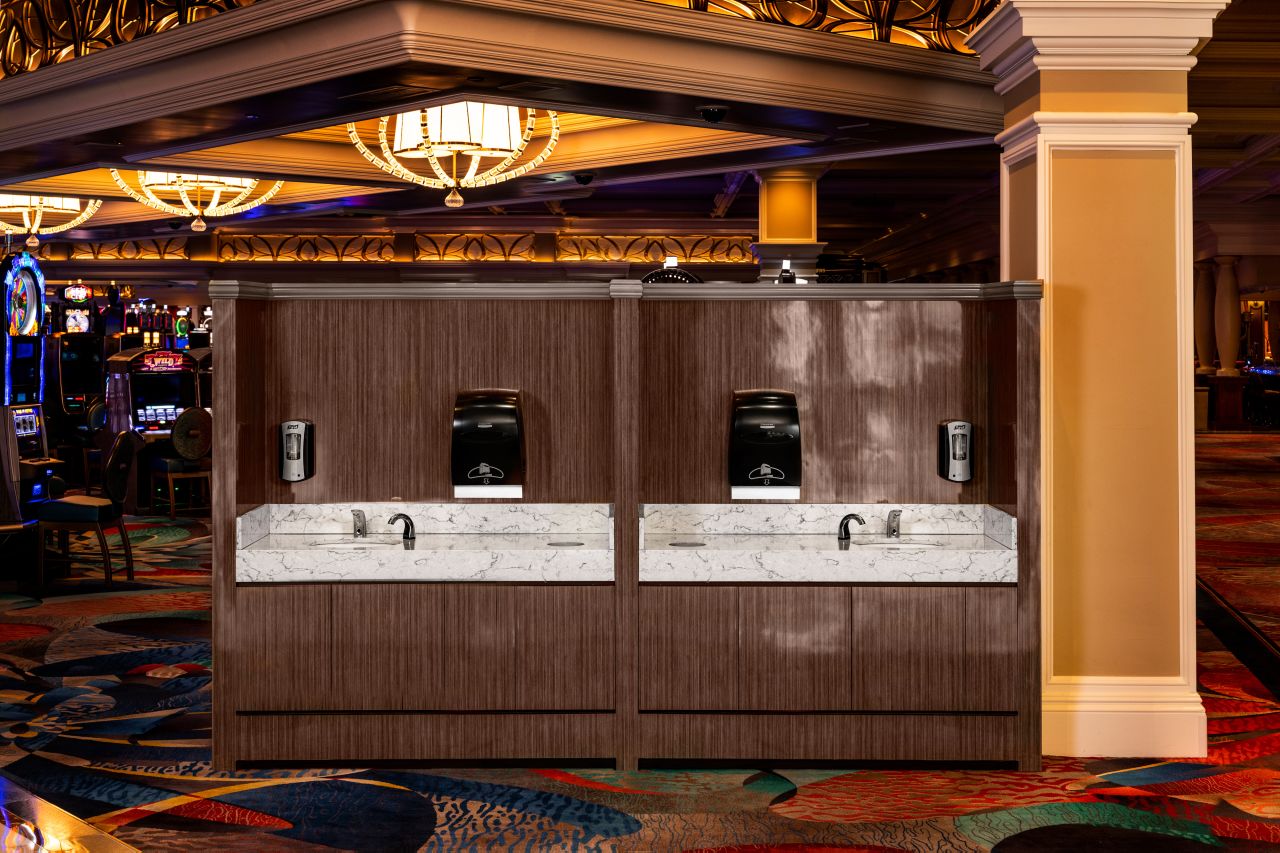 A mock-up of a hand-washing station on the casino floor at the Bellagio in Las Vegas offers a glimpse at what visitors can expect.