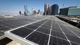 Solar panels are mounted atop the roof of the Los Angeles Convention Center on September 5, 2018 in Los Angeles, California. The solar array of 6,228 panels is expected to generate 3.4 million kilowatt hours of electricity per year. A landmark bill committing the state to 100 percent clean energy by 2045 may be signed by California Governor Jerry Brown.  (Photo by Mario Tama/Getty Images)