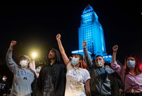 Protesters gather in Los Angeles on May 27.