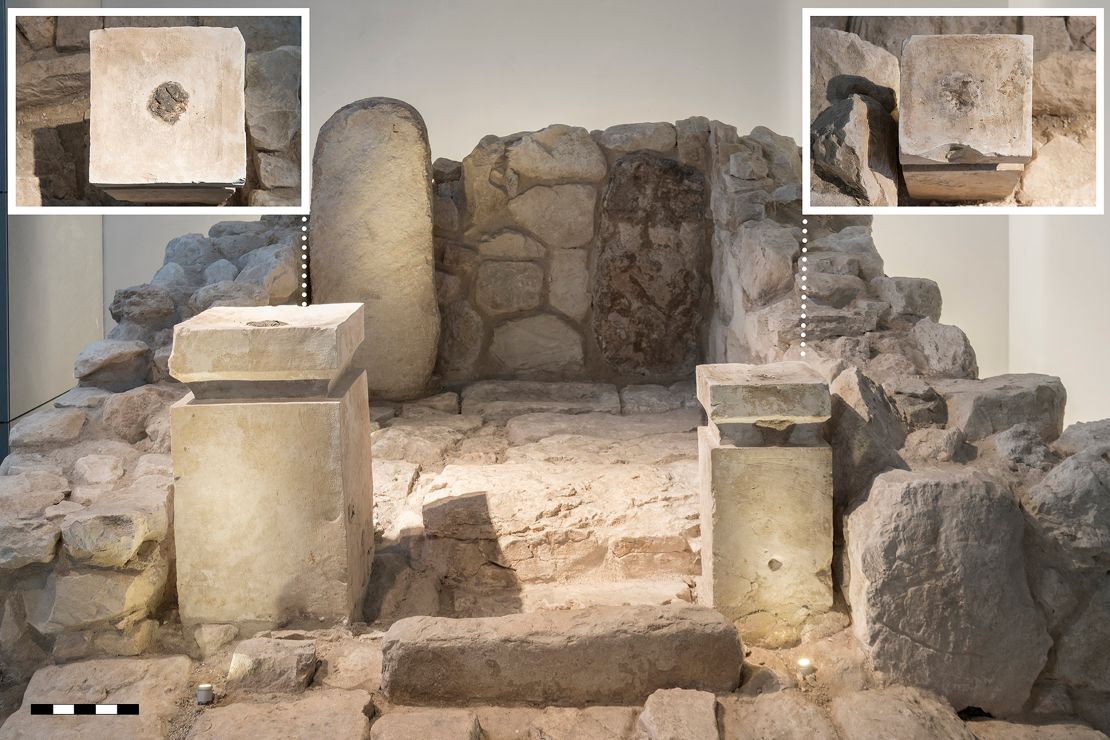 This is the frontal view of the cella of the shrine at Arad, as rebuilt in the Israel Museum from original archaeological finds.