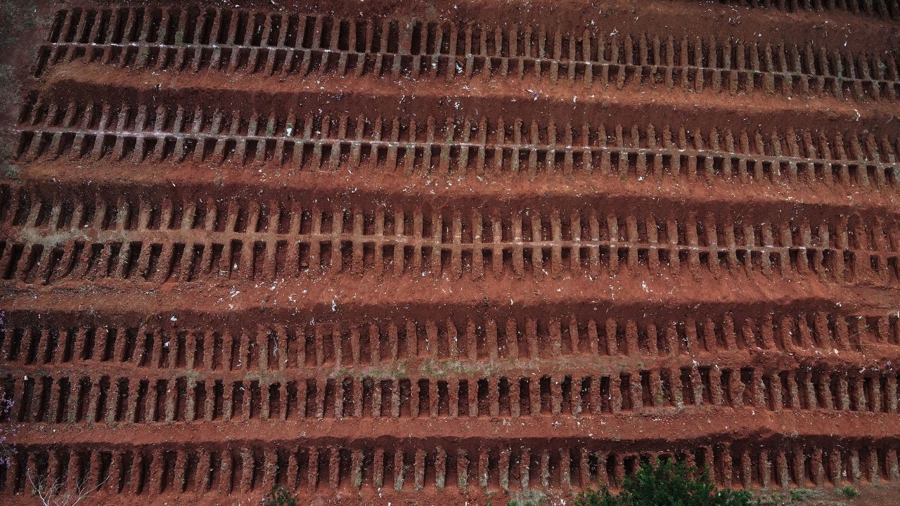 Aerial view of dug graves at the Vila Formosa Cemetery in the outskirts of Sao Paulo, Brazil on May 22, 2020.