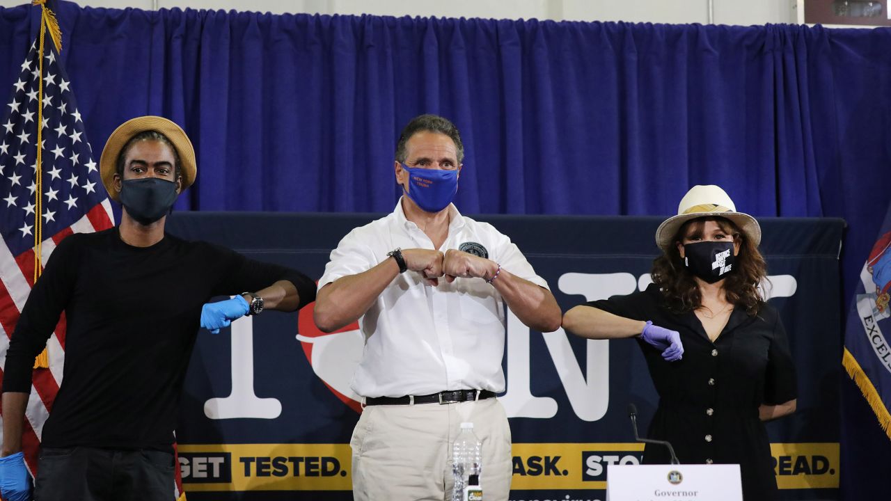 New York Gov. Andrew Cuomo was by Chris Rock and Rosie Perez to promote coronavirus testing, social distancing and the use of a face mask on Thursday. (Photo by Spencer Platt/Getty Images)