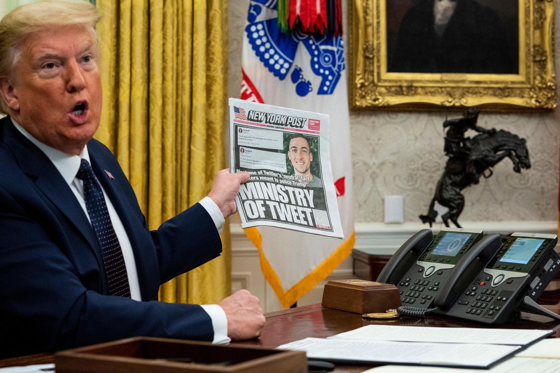 U.S. President Donald Trump speaks in the Oval Office before signing an executive order related to regulating social media on May 28, 2020 in Washington, DC.