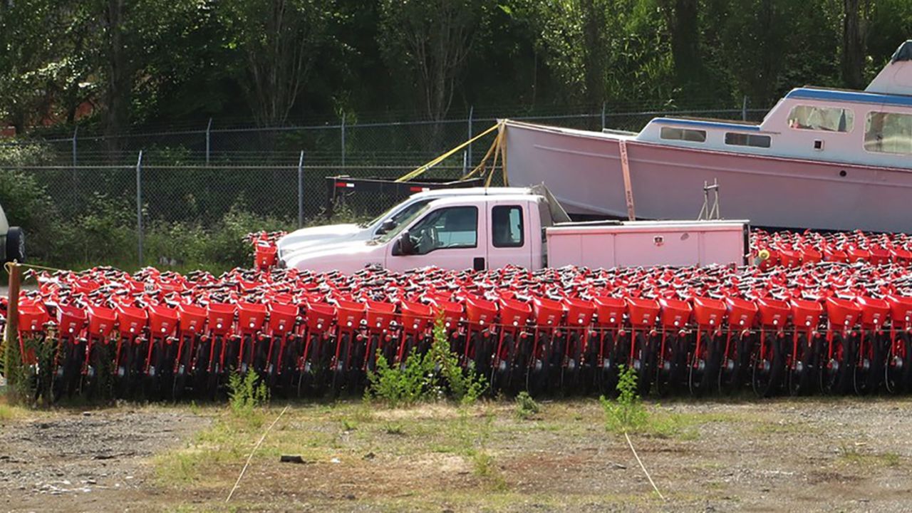 Uber's Jump bikes in Seattle are rounded up, awaiting to be recycled.