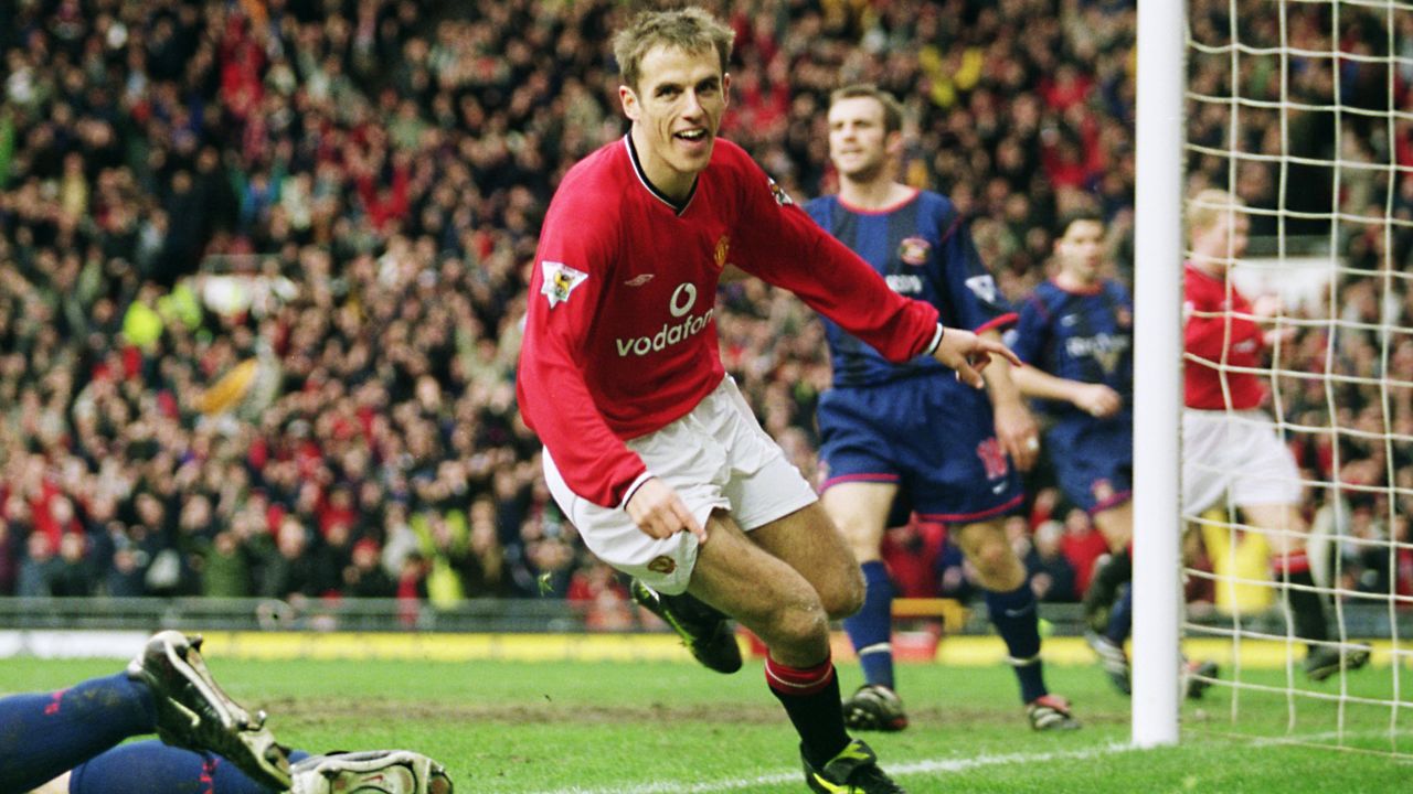 Neville turns away to celebrate scoring the opening goal of the match against Sunderland.