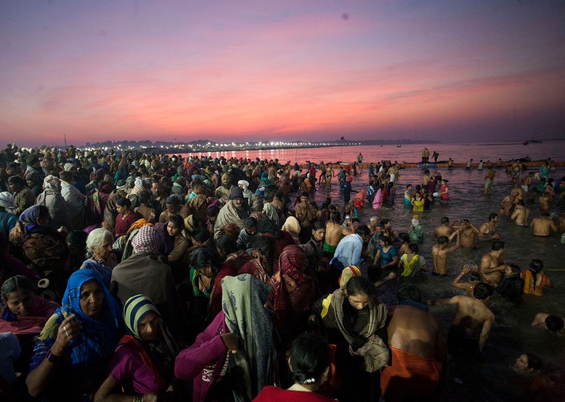 Hindus take a dip in Prayagraj,  where the rivers Ganges, Yamuna and Sarasvati converge.