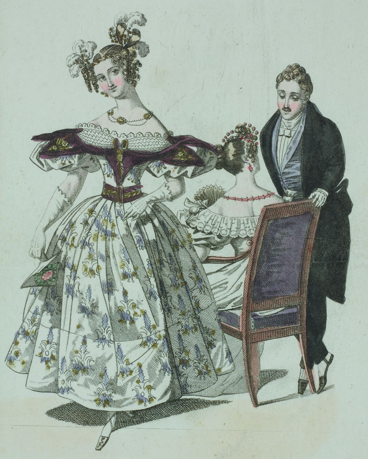 In an illustration from 1833 in France, a woman is pictured wearing a floral dress with purple velvet inserts. A man wears a formal suit, with lavender accents.