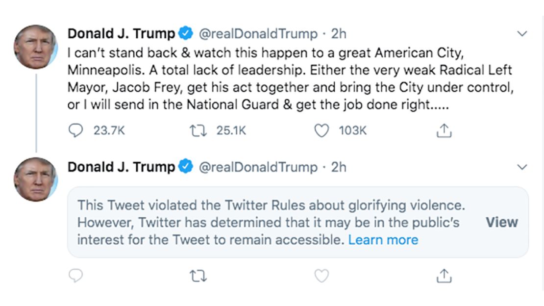 President Donald Trump's tweet violated rules against "glorifying violence," according to Twitter.