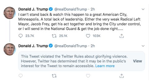 President Donald Trump's tweet violated rules against "glorifying violence," according to Twitter.