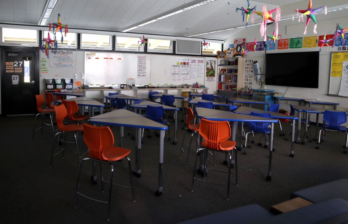 A classroom sits empty at Kent Middle School in Kentfield, California.