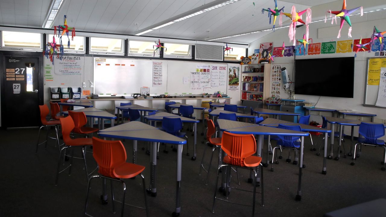 A classroom sits empty at Kent Middle School in Kentfield, California.