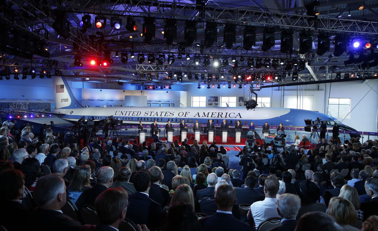 Republican US presidential candidates debate in September 2015 in front of President Ronald Reagan's Air Force One at the Reagan Presidential Library in Simi Valley, California.