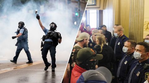 Left: A police officer throws a tear gas canister toward protesters at the Minneapolis 3rd Police Precinct, following a rally for George Floyd on May 26. Right: Protesters entered the Michigan Capitol building during a rally against Gov. Gretchen Whitmer's stay-at-home order on April 30.