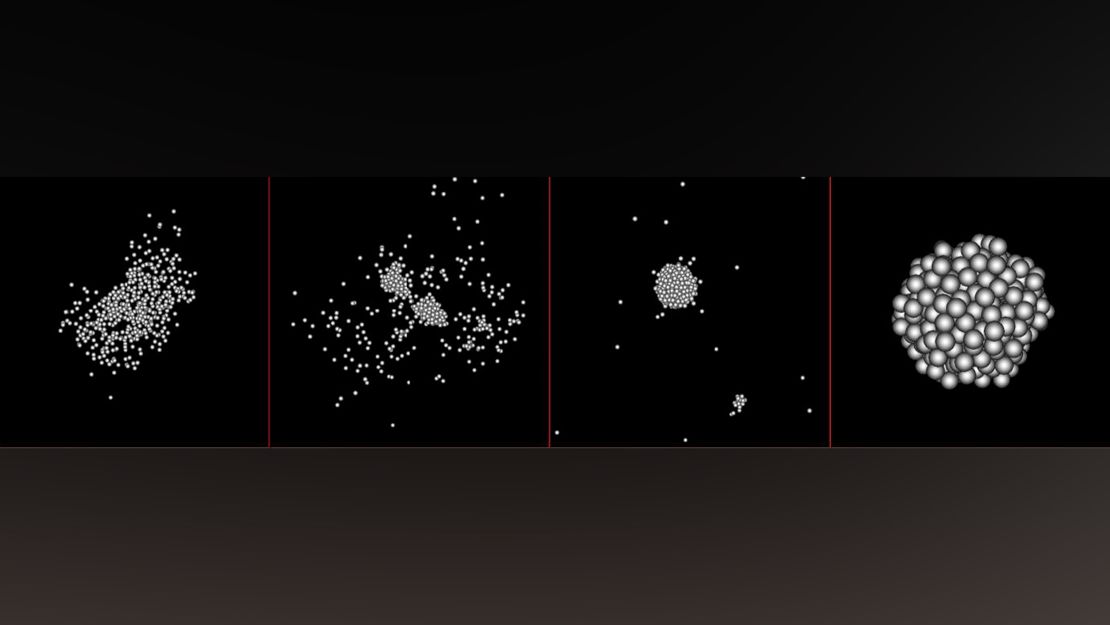 This image sequence shows the how fragments reaccumulate after an impact to a large asteroid. The final shape, five hours after the beginning of the process, is similar to that of Bennu and Ryugu.
