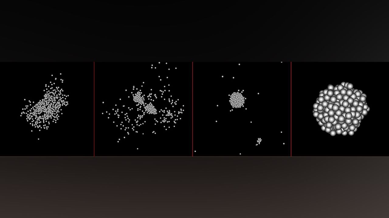 This image sequence shows the how fragments reaccumulate after an impact to a large asteroid. The final shape, five hours after the beginning of the process, is similar to that of Bennu and Ryugu.