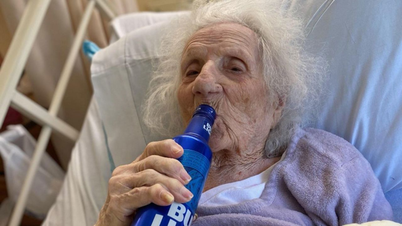 Jennie Stejna enjoys a cold one to celebrate beating Covid-19.
