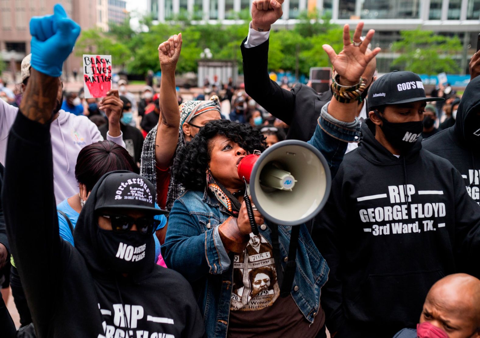 Jamela J. Pettiford sings during a protest outside the Hennepin County Government Center in Minneapolis on May 29.