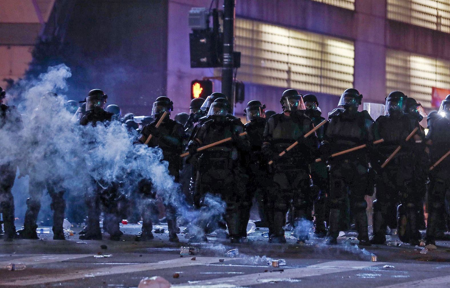 Police form a line near the Centennial Olympic Park and CNN Center in Atlanta on May 29.