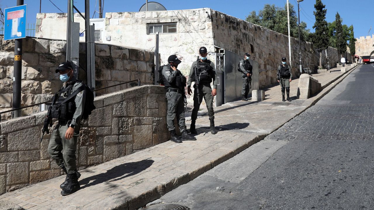 Israeli police officers secure the area of Lion's Gate in Jerusalem's Old City on Saturday, May 30.