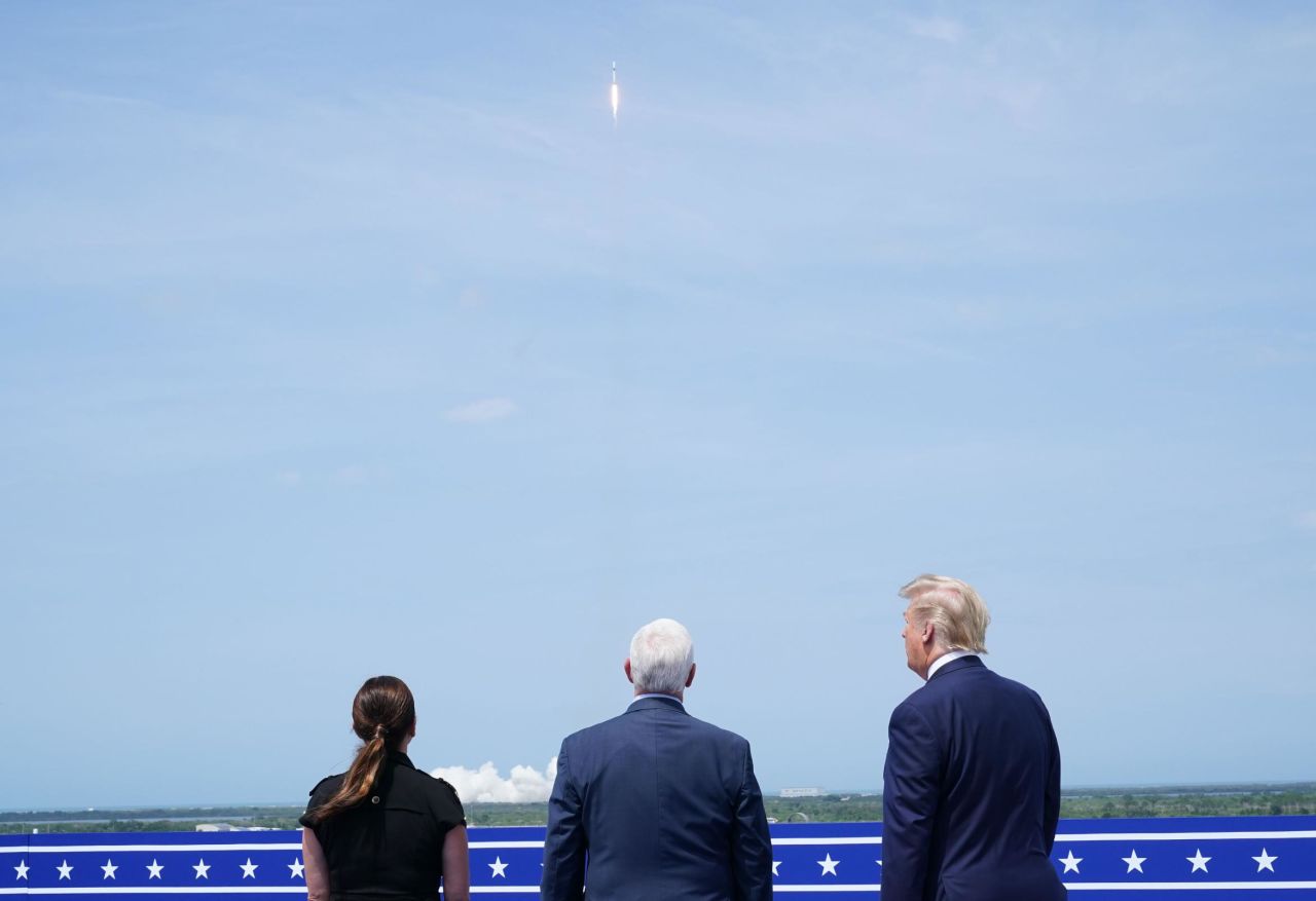 Vice President Mike Pence and his wife, Karen, join President Trump as they watch the launch on May 30.
