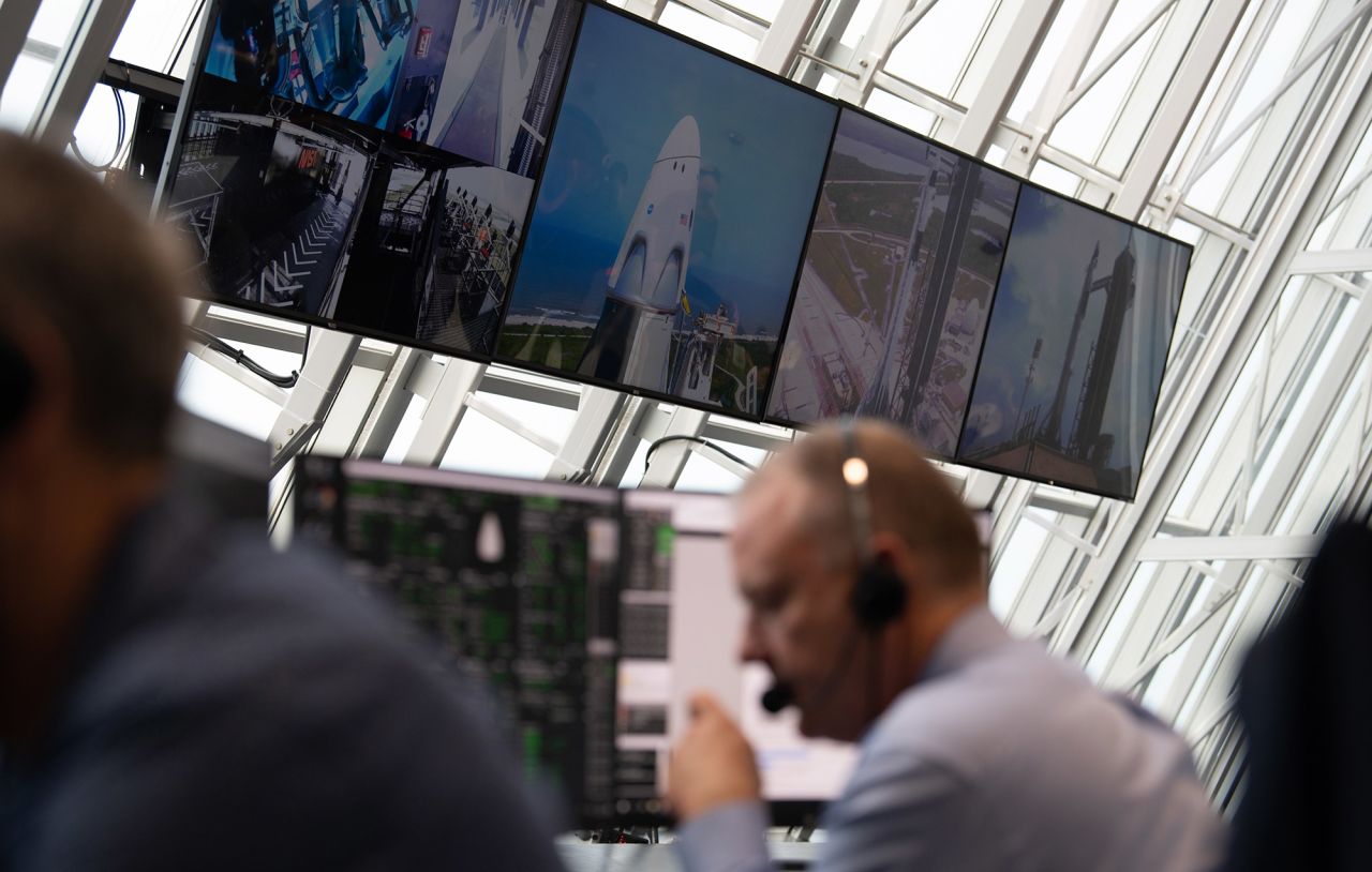 Monitors are seen in the Launch Control Center at Kennedy Space Center.
