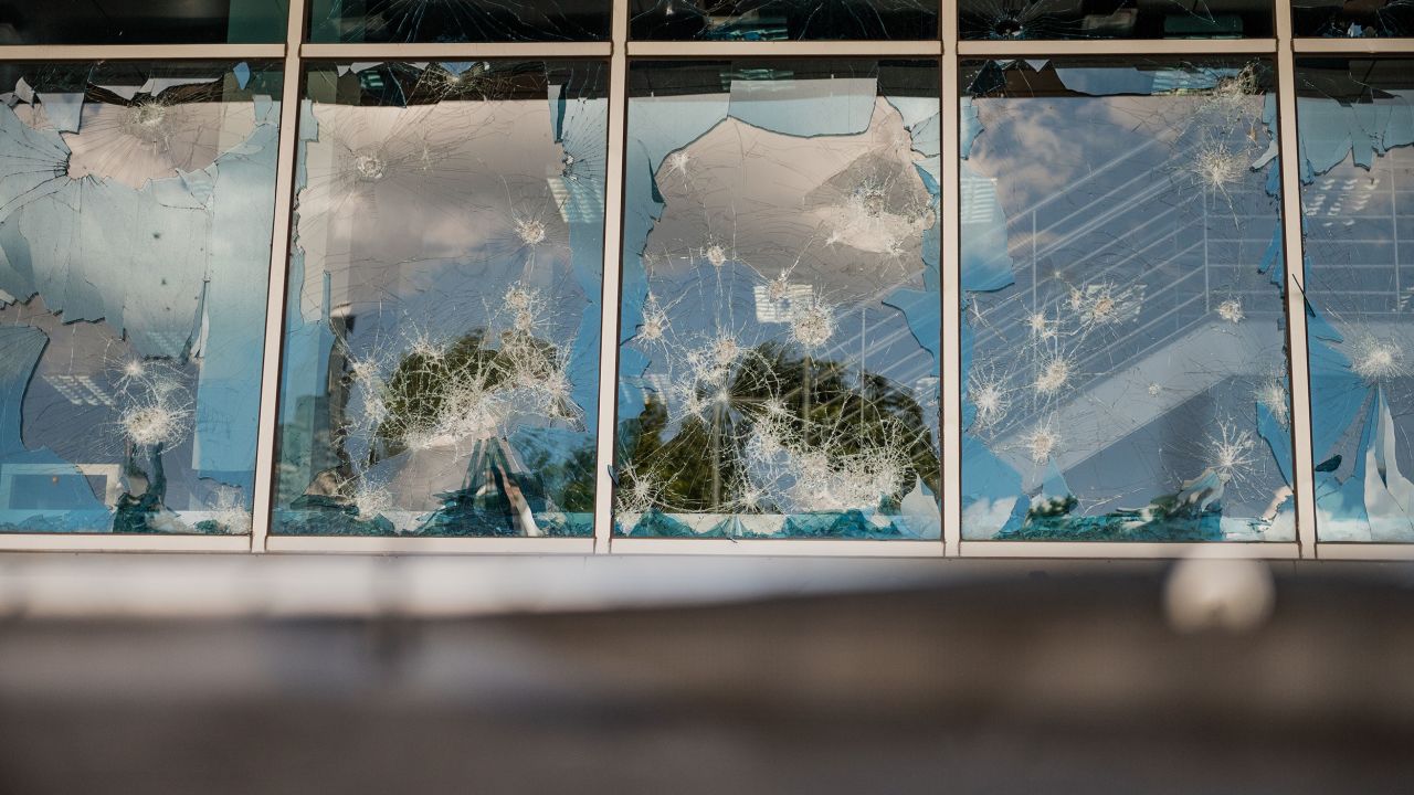 Smashed exterior windows at CNN Center in Atlanta on May 30. 