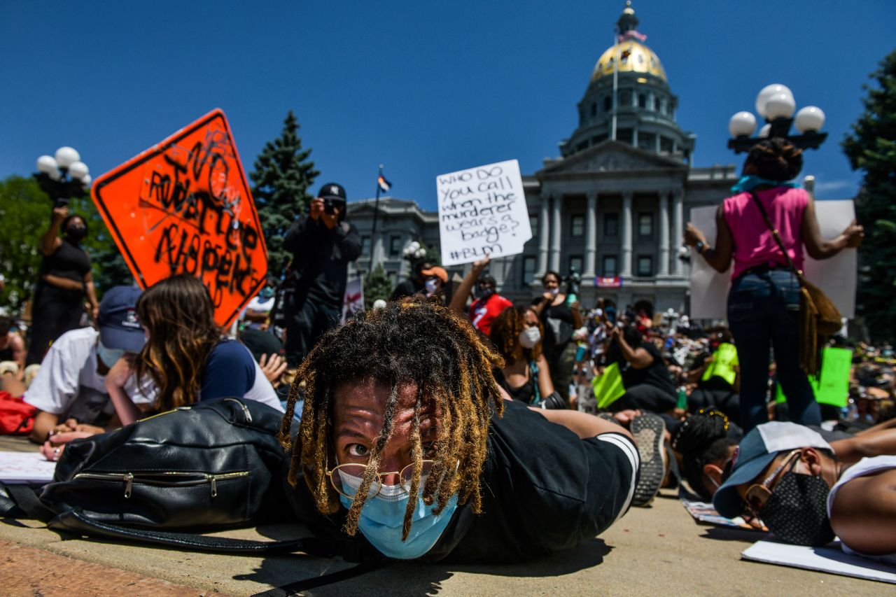 Jevon Sutton yells "I can't breathe" during a protest at the Colorado State Capitol in Denver on Saturday, May 30.