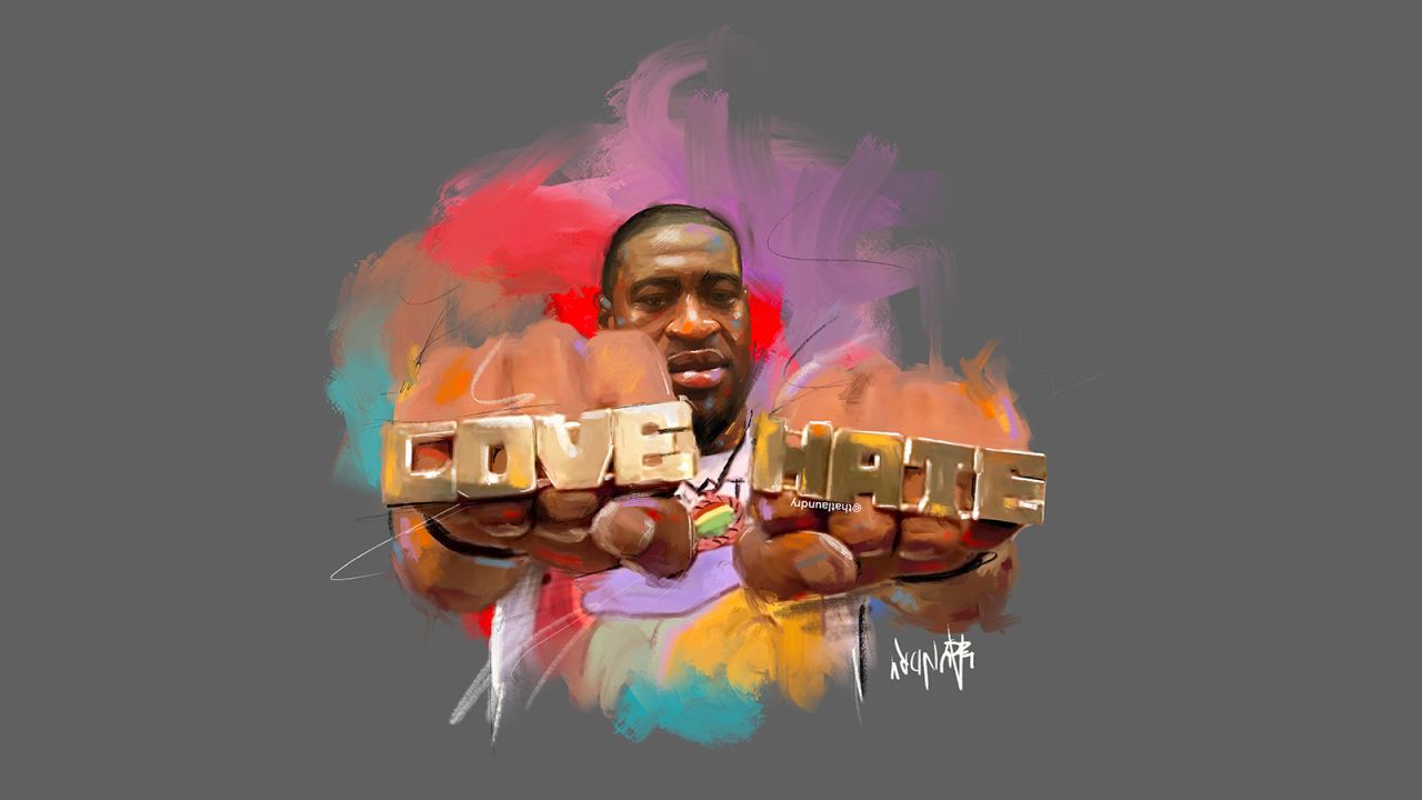 Memorial artwork by Theoplis Smith III, depicting George Floyd as Radio Raheem, from Spike Lee's "Do The Right Thing." The character is choked to death in the film