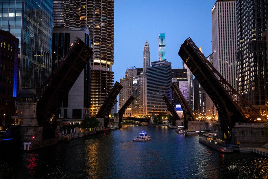 Bridges over the Chicago River are lifted to limit transportation to and from the Loop, where protesters clashed with police on May 30.