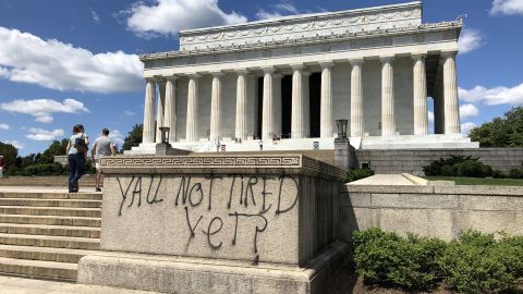 Graffiti from Saturday night protests on Lincoln Memorial in Washington.
