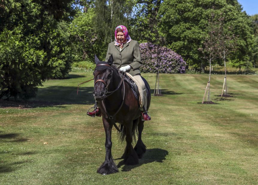 The Queen <a href="https://edition.cnn.com/2020/06/01/uk/uk-queen-elizabeth-horse-riding-gbr-intl-scli/index.html" target="_blank">rides a horse </a>in Windsor, England, in May 2020. It was her first public appearance since the coronavirus lockdown began in the United Kingdom.