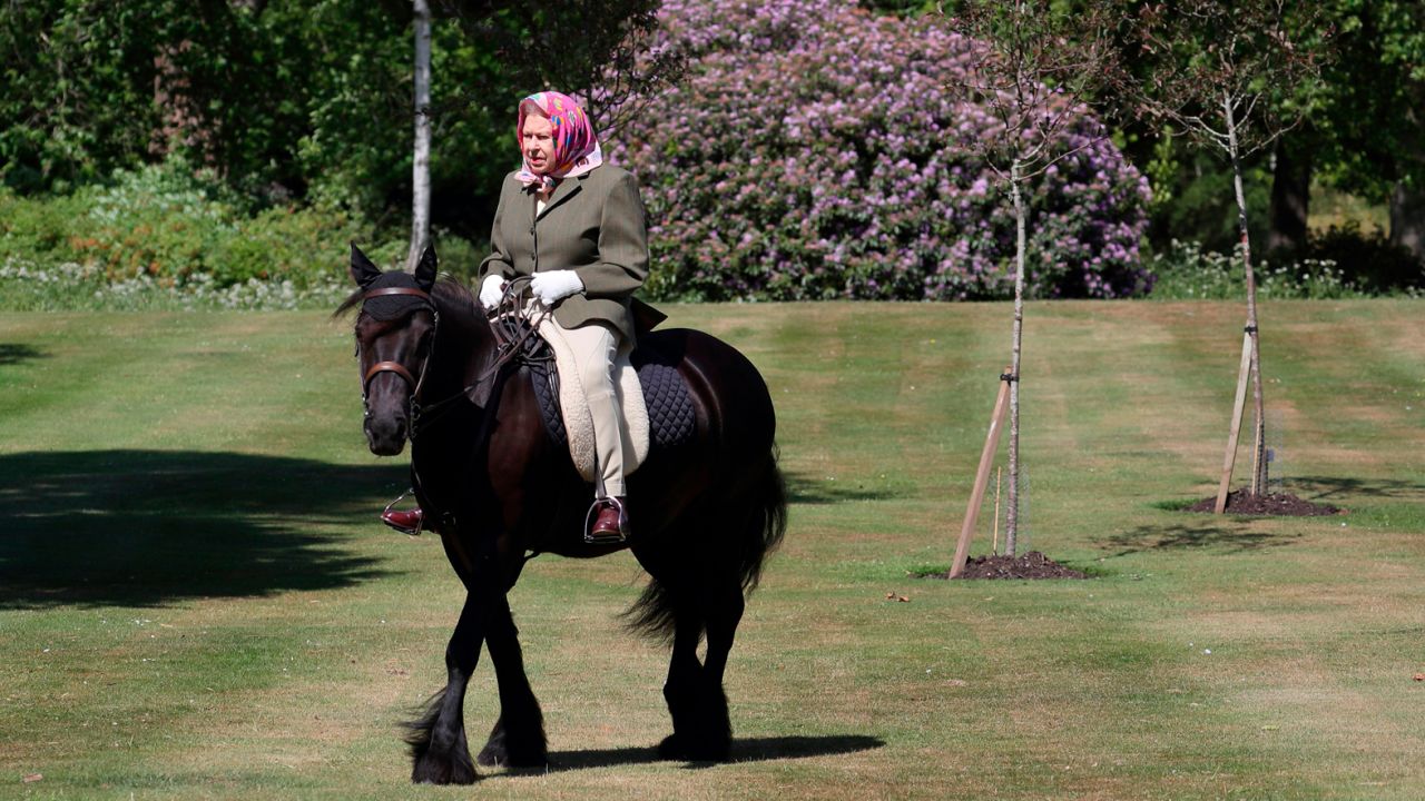 Queen Elizabeth II riding Balmoral Fern, a 14-year-old Fell pony, over the weekend.